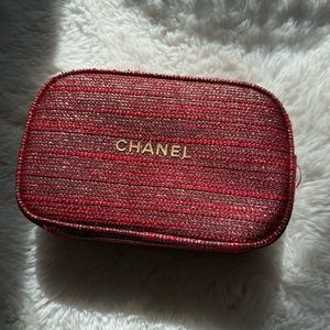 New Chanel red tweed makeup bag pouch